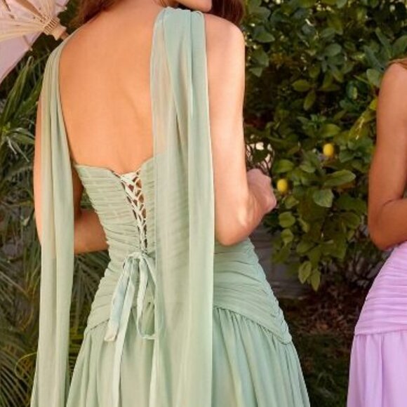New Strapless LT Yellow Bridesmaid Gown w/ Pleated Draping & Corset Bodice CD395 - Picture 6 of 10